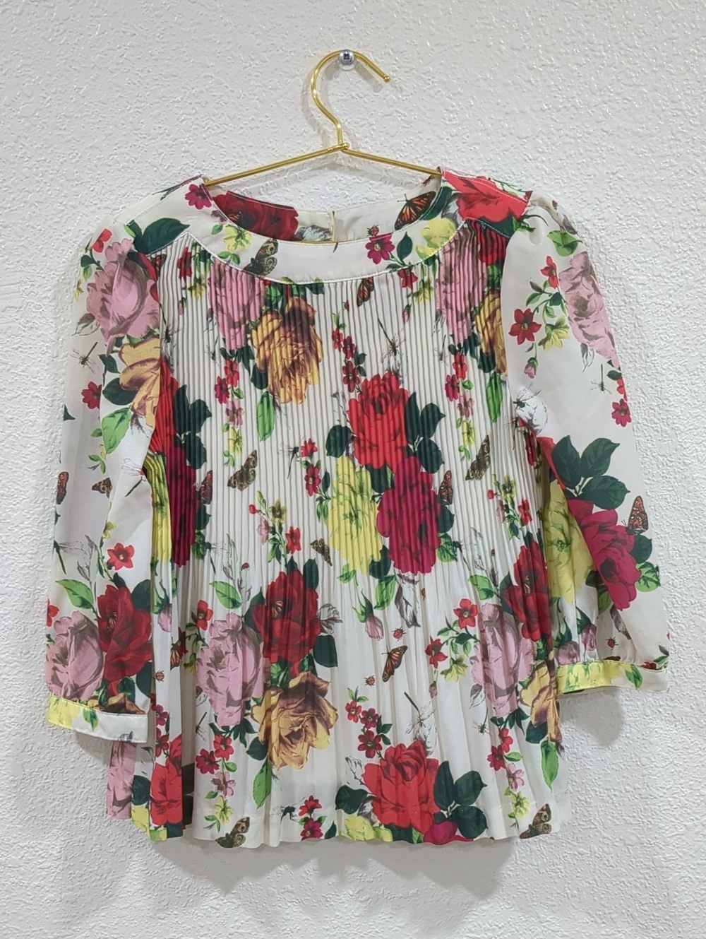 TED BAKER Girls Floral Pleated White Blouse with Red & Pink Roses